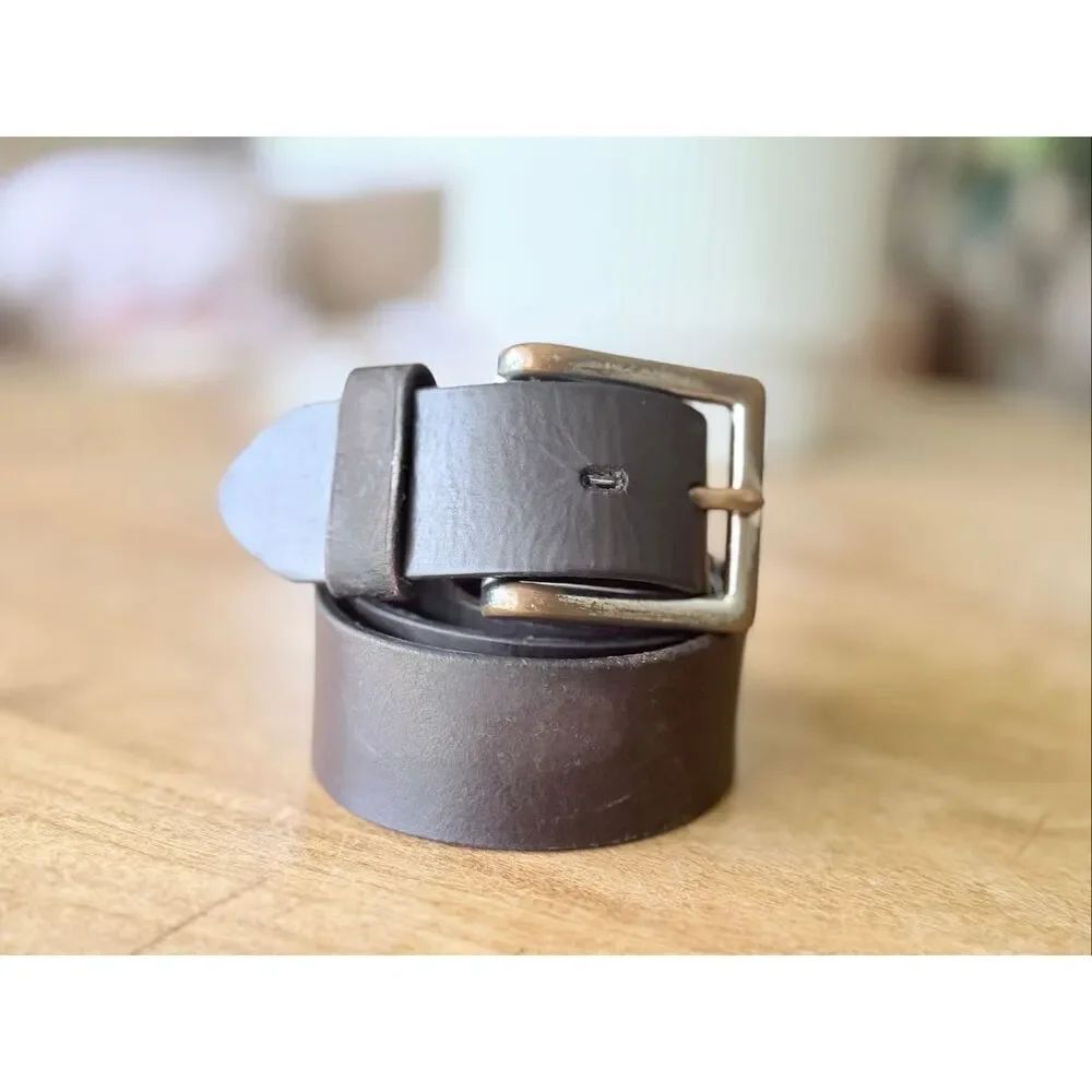 Vintage Genuine Leather Brown Belt Antique Brass Buckle 1.5” Wide Unisex Casual